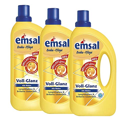 3x emsal Boden-Pflege Voll-Glanz 1 Liter, Langzeitglanz & Brillante Sauberkeit mit Orangenwachs