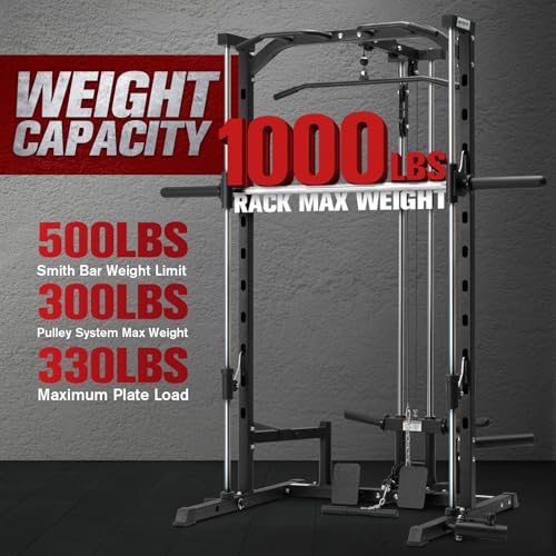 Image of RitFit Smith Machine Power Rack with LAT-Pull Down System, Landmine, Barbell Bar, Plate Storage Pegs and More Training Attachment
