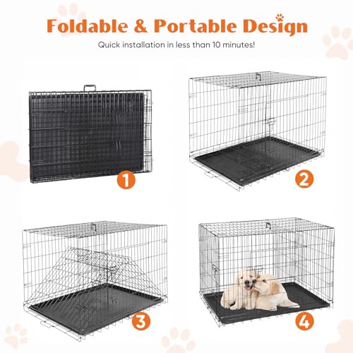 Image of Sweetcrispy Large Dog Crate, 37 Inch Double Door Folding Metal Wire Dog Cage with Plastic Leak-Proof Pan Tray, Pet Kennel for Indoor, Outdoor, Travel