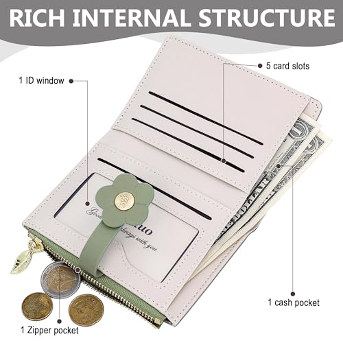 Image of Farcauo Small Floral Womens Wallet Cute Wallets for Women Thin Green Women's Wallet Kawaii Flower Card Wallets for Women Ladies