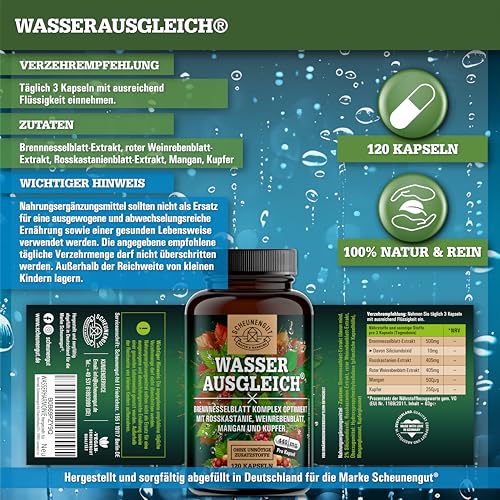 WASSERAUSGLEICH® Aqua Balance Kapseln -WICHTIG: Laborgeprüfte Wasser Balance Kapseln mit Brennessel-, Rosskastanienextrakt, Roter Weinlaub, Mangan +Kupfer 120Stk DE SCHEUNENGUT®