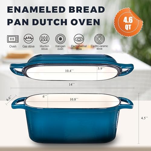 4.6 Quart Dutch Oven for Sourdough Bread Baking, Combo Oval Enameled Cast Iron Bread Pan with Lid, Bread Dutch Oven for a Crispy Crust, Teal - Thumbnail 3