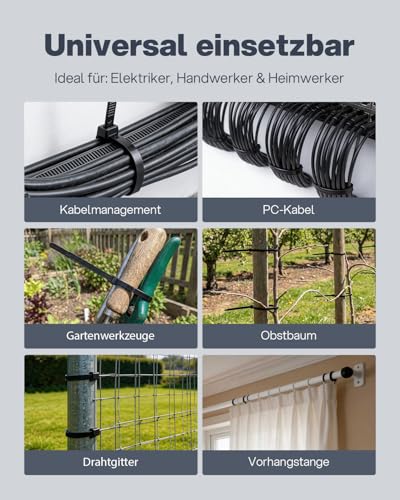 Cleangor Schwarze Kabelbinder Set 500 Stück, Nylon Cable Ties Kabelbinder, Tragfähig Bis 22KG, Ideal Für Kabelmanagement, Garten, Haushalt & Werkstatt (100/150/200/250/300mm (je 100 Stück))