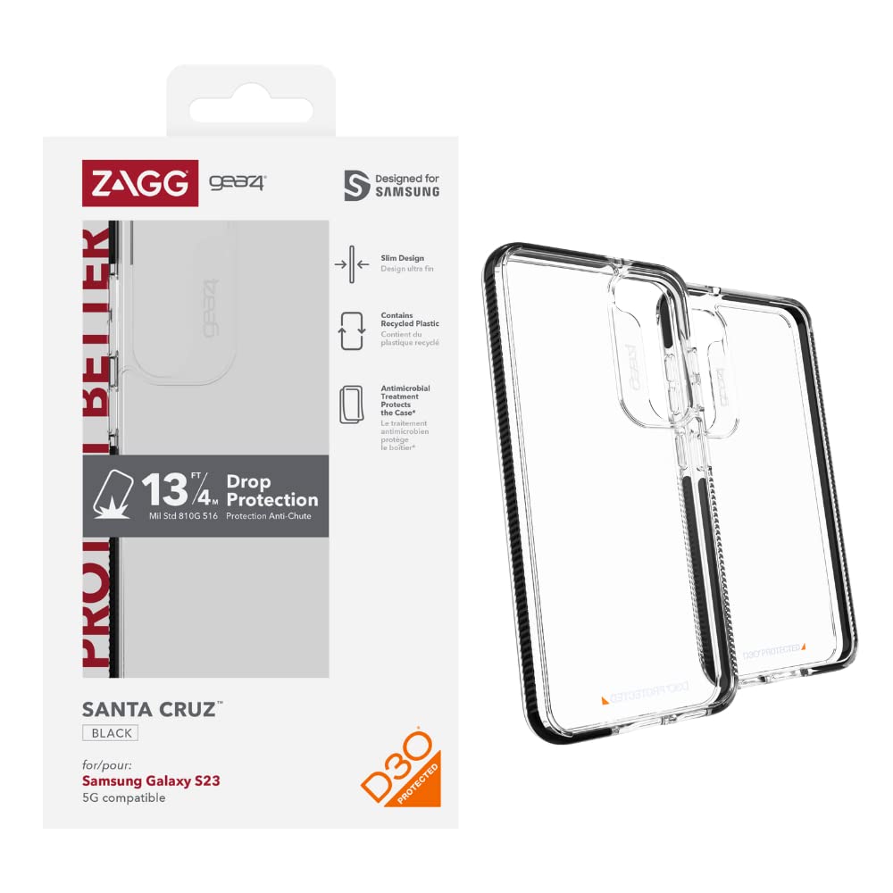 ZAGG Gear4 Santa Cruz D30 Protective Case for Samsung Galaxy S23, 6.1in, Slim, Improved Grip, Advanced Clarity, Wireless Charging, Shockproof, (Black)