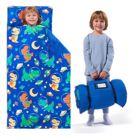 JOIEDOMI Toddler Nap Mat with Pillow & Blanket 55''*30'' for Kids Ages 3-7 Years Roll Up Nap Mat for Preschool Soft Dinosaur Kids Sleeping Bag for Boys Girls Kindergarten Daycare Sleepover