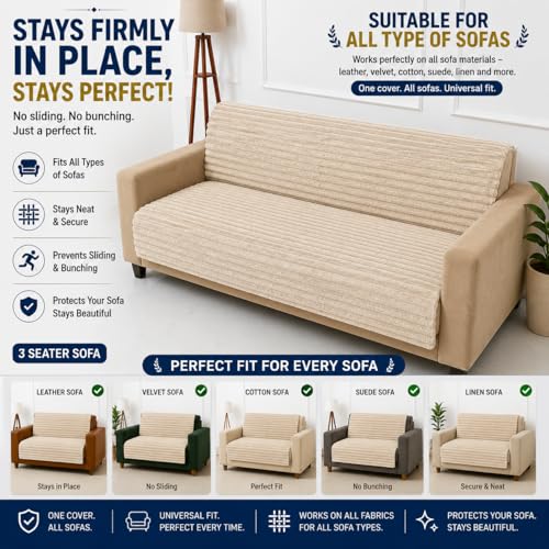 Image of Homerz Premium Rabbit Fur Sofa Cover with Anti-Skid Backing, Soft Plush Fabric Sofa Protector for Living Room Furniture (Beige, 6 (3+2+1) Seater, Seat Cover with Backrest)