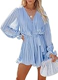 Dokotoo Womens Casual Summer Spring Beach Sexy V Neck Ruffled Long Sleeve Button Down Waist Tie Romper Pleated Short Rompers and Jumpsuits for Women Dressy Sky Blue Medium