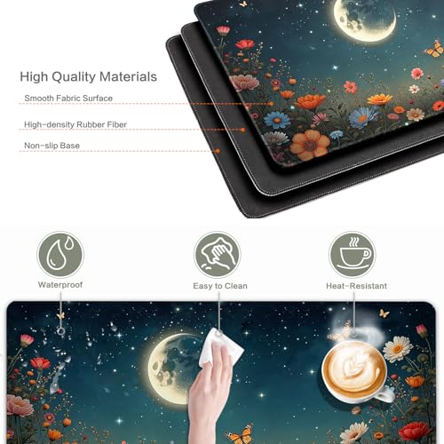 Image of Vimorco Waterproof Desk Pad,XXL Large Mouse Extended Gaming Mousepad with Anti-Slip Rubber Base,Computer Laptop Keyboard Mouse Mat for Women Girls Work,Game,Office,31.5 x 15.7 inch,Black Moon Flowers