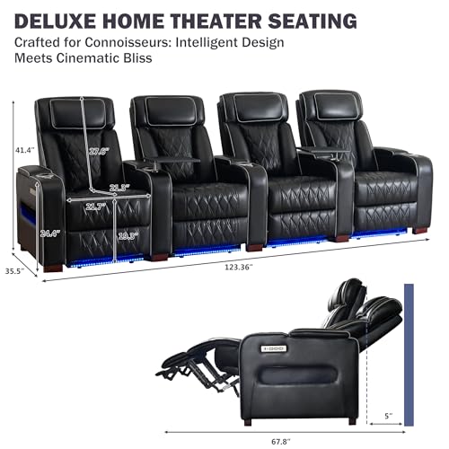 Image of GUEAPY Power Reclining Sofa Home Theater Seating with Adjustable Headrest, Breathable Leather Electric Recliner with LED Lighting, Cup Holders, USB Charging & Tray Table, Row of 4
