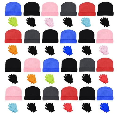 Winterlace 48 Pack Kids Beanies & Gloves, Boys Girls Unisex Thermal Stretchy Children Toboggan Knit Cap