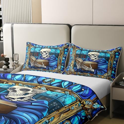 Parure de lit 100% coton motif squelette bleu et finitions géométriques de qualité