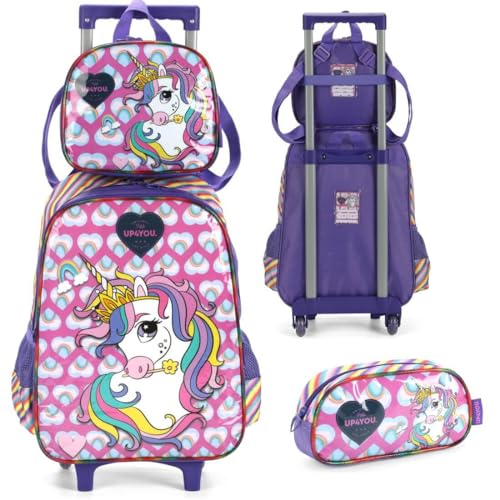 Mochila Infantil Rodinhas Unicórnio Up4You com Lancheira e Estojo Roxo