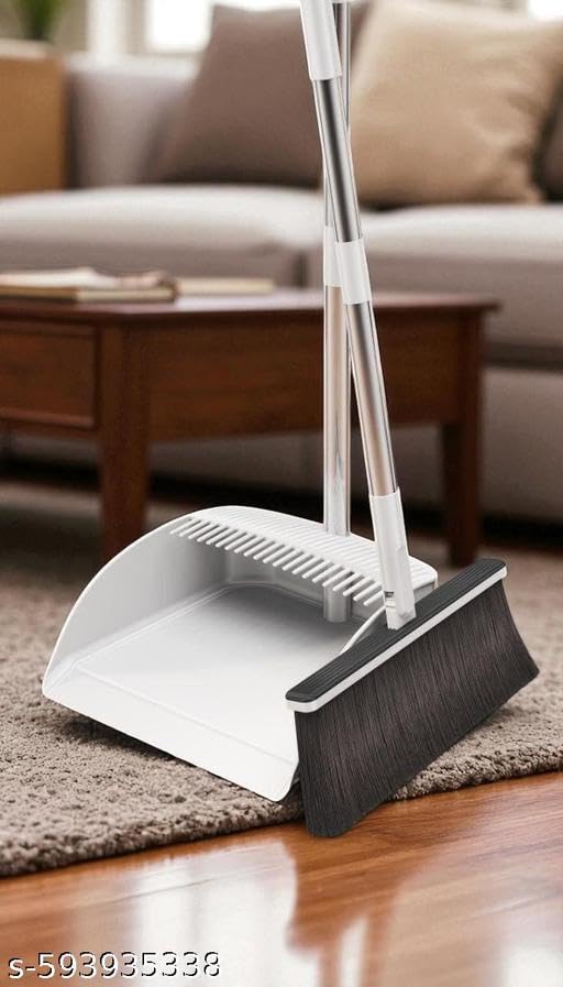 Image of Broom and Dustpan Set with Long Handle, Upright Standing Windproof Floor Cleaning Combo for Home, Kitchen, Office - White & Black |PAR-P469