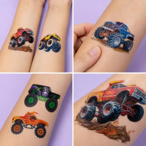 Image of 120 PCS Monster Truck Race Car Pre-Cut Temporary Tattoos for Kids | | Super Cute Themed Birthday Party Favors, Supplies, Decorations, Fake Tattoo Stickers, Rewards & Gifts for Boys Girls
