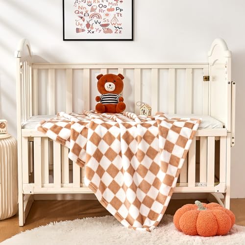 Image of Yurhap Checkered Baby Blanket Fleece Baby Blankets Neutral for Boys Girls, Super Soft Warm Lightweight Infant Toddler Newborn Receiving Blankets for Crib Stroller, 30''x40'', Khaki
