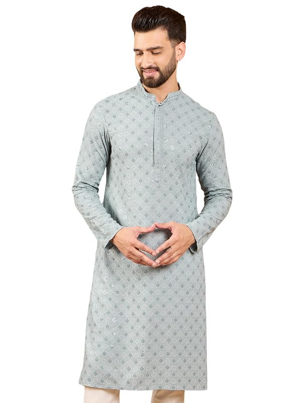 Image of Men's Solid Embroidered Long Straight Kurta | Men's Kurta | Embroidered Chikankari Kurta for Men | Straight Fit Kurta for Men