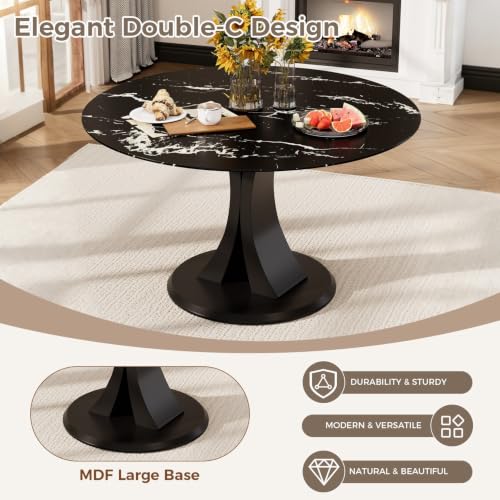 Image of 7-Piece Dining Table Set for 6 with 47 In Black Faux Marble Round Table | Circle Dining Room Table with 6 Velvet Upholstered Chairs, Modern Scandinavian Furniture for Dining Room Kitchen (Bule)