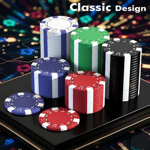 Image of WISHKEY for Adult Casino Style Poker Chips Set with A Aluminum Finish Case, 2 Decks of Card Game, 5 Dice, 1 Dealer Button (Classic Multiplayer Game) 300 Pcs