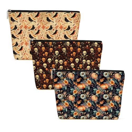 Fall Thanksgiving Halloween Party Favors Makeup Bag Cosmetic Bag Thank You Friendship Gifts for Women Bestie Floral Pumpkin Skeleton Crow Travel Organizer for Thanksgiving Birthday Boss Day, 3 Pieces
