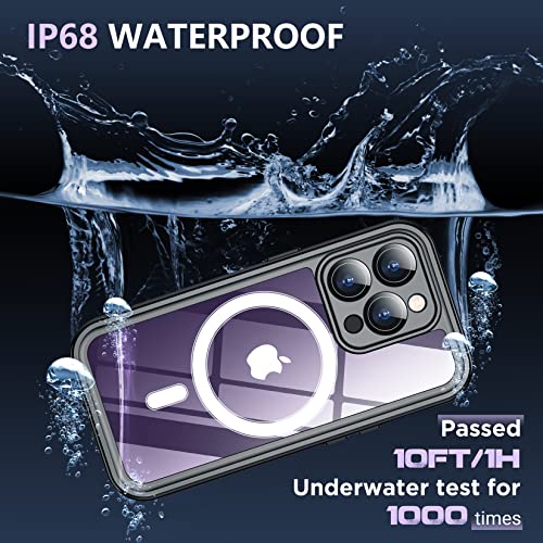 Spidercase For Iphone 14 Pro Case Waterproof, Built-In 9H Tempered Glass Screen& Camera Lens Protector [Dustproof] [Military Dropproof][Compatible With Magsafe][Ip68 Underwater] Case,Black/Clear #TOP2