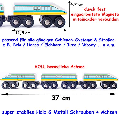 Holz Eisenbahn Modellwahl Schnellzug + Schienen - inkl. Name - Zug mit beweglichen Achsen - passend für alle Schienen-Systeme & Straßen - z.B. Brio/Hero.. – Bild 4