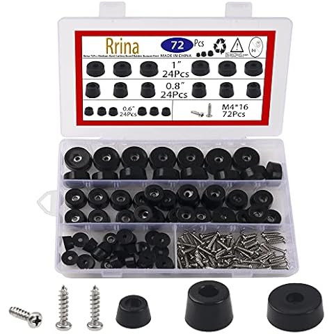 Rrina 72Pcs Medium Hard Cutting Board Rubber Bumper Feet with Stainless Washer Screws Assortment Kit 3 Sizes 0.6" 0.8" 1" for Electronics Appliances Furniture Cover
