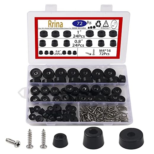 Rrina 72Pcs Medium Hard Cutting Board Rubber Bumper Feet with Stainless Washer Screws Assortment Kit 3 Sizes 0.6" 0.8" 1" for Electronics Appliances Furniture