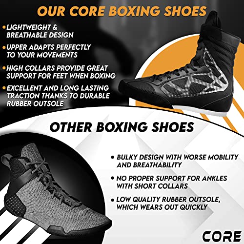 core boxing shoes - lightweight boxing shoes for men amp women - boxing training shoes with high support  high traction boxing boots - breathable lace up boxer shoes  mens kickboxing shoes
