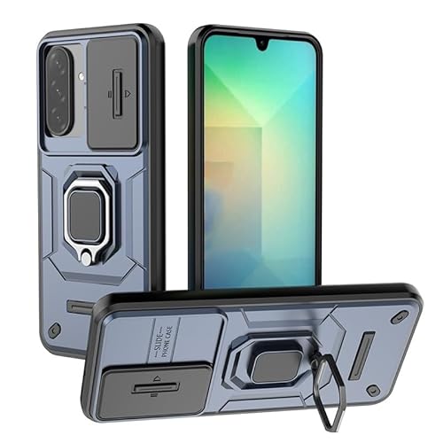 Samsung Galaxy A26 5G�P�[�X�Ή��A�X���C�h�J�����J�o�[�Ɖ�]�����O�L�b�N�X�^���h�t���A�X�����Ŋ��ȑϏՌ��ی�P�[�X�A����~�߂Ɨ����h�~�ی�J�o�[(Navy Blue)
