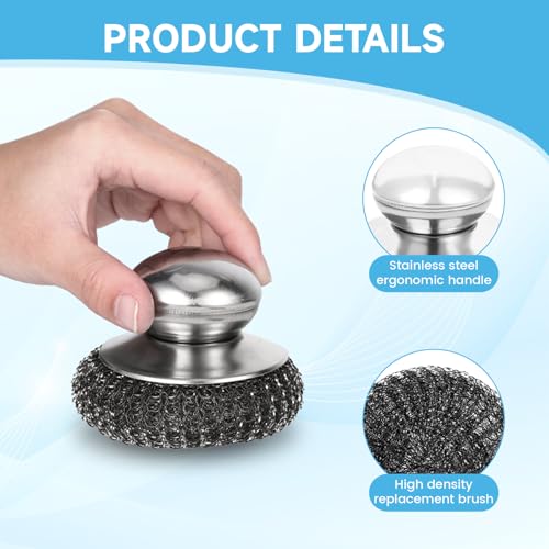 Image of 6Pcs Steel Wool Scrubber, Stainless Steel Scrubber with Handle for Cleaning Kitchen and Household Stubborn Messes from Stoves Pans Pots Grill Sink with Replacement Wire Brush Set (2 Pcs+4 Replacement)