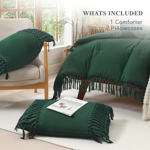 Image of Andency Emerald Dark Green Comforter Set King, 3 Pieces Boho Tassel Lightweight Vintage Soft Bedding Comforter for King Bed, All Season Fluffy Fringe Bed Set (104x90In Comforter & 2 Pillowcases)