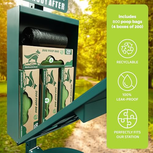 Image of Hands-Free Dog Waste Station Outdoor with Pedal - Dog Waste Disposal System & Bag Dispenser for Park & Trails - Rust Proof Doggie Station - Night Glowing Sign | 800 Pet Waste Bags & 100 Can Liners