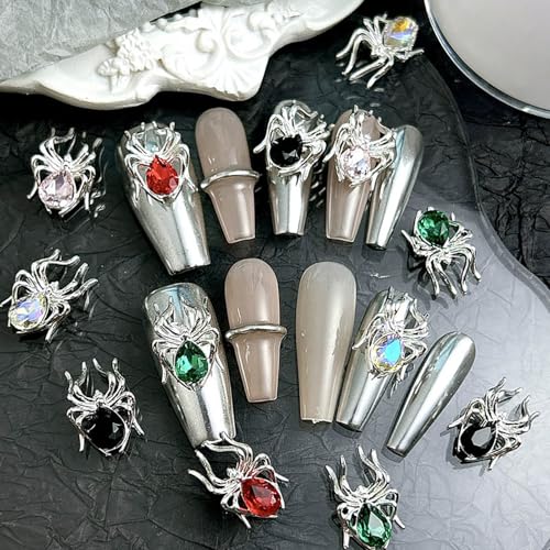 Spider Nail Charms 10Pcs Halloween Art Rhinestones - Colorful 3D Alloy Gothic Jewelry Red Black Green Pink Gems for Women - Halloween Accessories