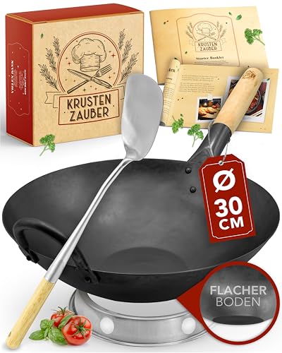 KRUSTENZAUBER 30cm Wokpfanne Induktion voreingebrannt - Traditionelle Stahlwokpfanne mit Wokwender u. Wokring - Wok Pfanne, Wok Induktion, Woklette, WokZubehör, Karbonstahl