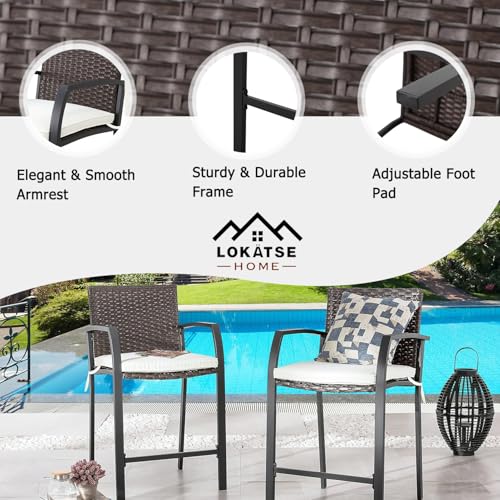 Image of LOKATSE HOME Bar Stools Counter Height Chair Set of 4 Wicker Decoracted Patio Furniture with Armrest for Garden Pool Lawn Backyard