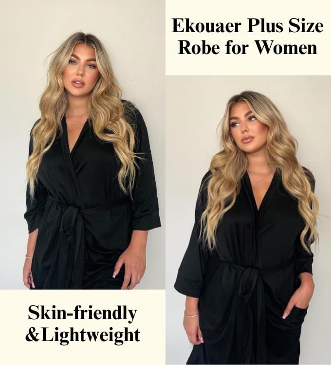 Ekouaer Women Plus Size Robe Knee Length Lightweight Bathrobe Short Kimono Robes with Pockets Maternity Robe 1X-5X - Image 2
