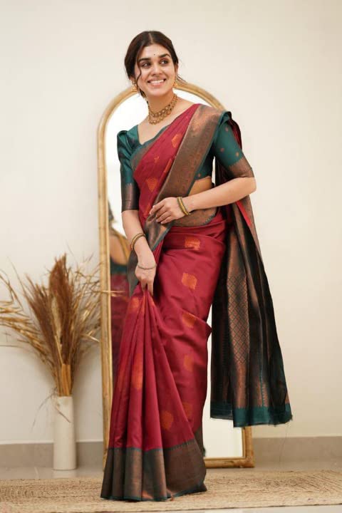 Image of Flosive Elegant Red Banarasi Saree with Gold Zari Border & Classic Design
