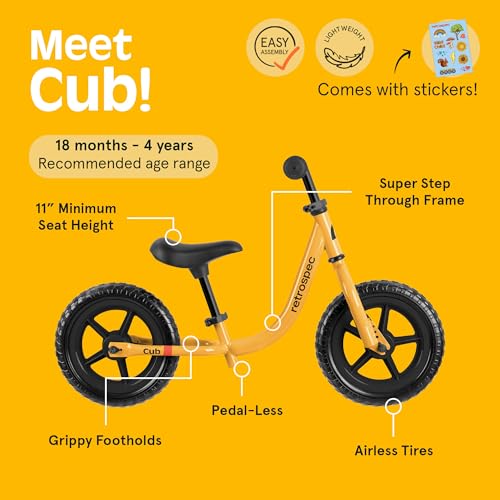Image of Retrospec Cub Toddler Balance Bike for Ages 18 Months - 3 Years - 12in No-Pedal Beginner Bicycle with Adjustable Seat, Puncture-Proof Tires & Safe Low Frame Design