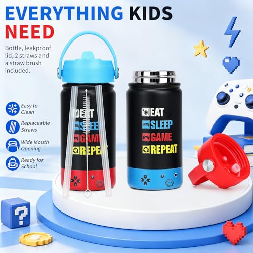 Image of Kids Insulated Water Bottle with Straw Lid, 14oz Double Wall Vacuum Stainless Steel Tumbler, Leak Proof Reusable Metal School Cup for Boys Girls, Keep Cold 24H Hot 12H (Blue-Red-EAT(Pack 2))