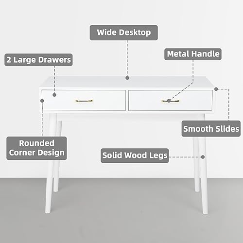 Miniatura 4 de Escritorio pequeño blanco con 2 cajones, escritorio moderno para espacios pequeños, escritorio de oficina en casa para estudio, escritorio de