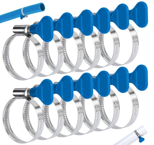Image of 12Pcs Pack Hose Clamps, 25-40 mm Adjustable Hose Clips, Stainless Steel Pipe Clamps with Blue Handle for Exhaust Hose Water Pipe Attachment in Pool, Washing Machine