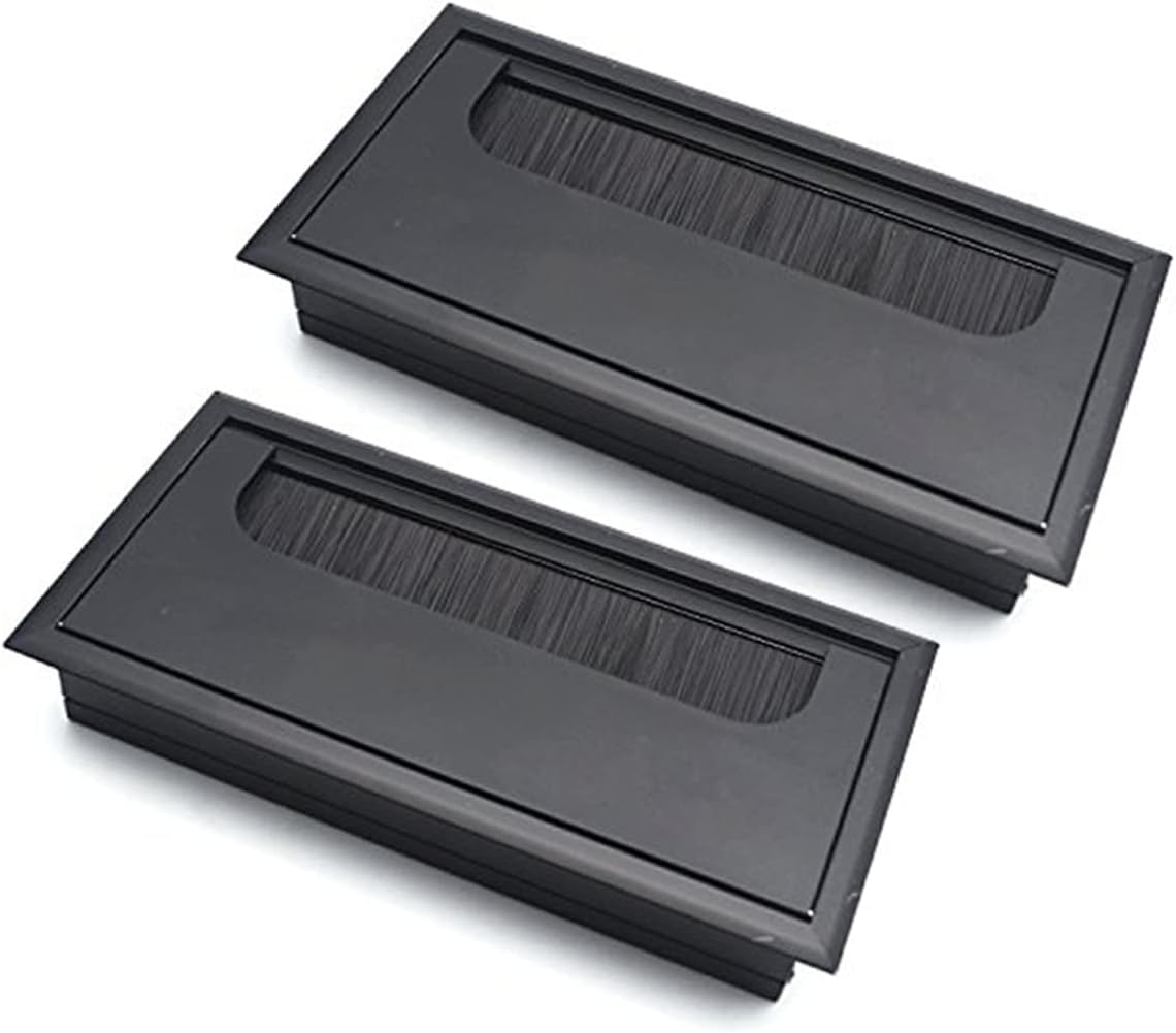 Meeyoo Rectangle Wire Hole Cover, 2 Pack Office Table Desk Cable Grommet with Brush, Aluminum Alloy Home Desk Computer Cable Outlet Port (Black)