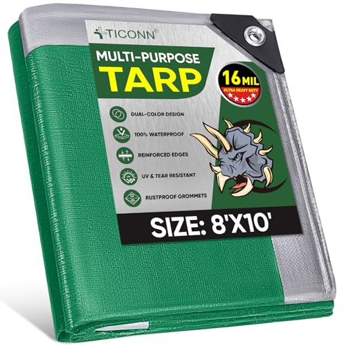 TICONN Heavy Duty Tarp Cover, Extra Thick Tarps Waterproof Tear and Rip Proof UV Resistant Tarpaulin with Reinforced Grommets and Edges (16 Mil, 8'x10') Green-16 Mil 8'x10'