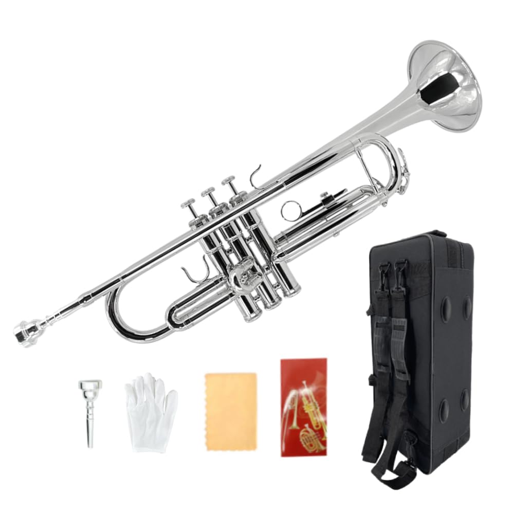 Ensemble de trompette en si bémol standard pour débutants, étudiants, trompette en laiton, si bémol avec embouchure 7C, chiffon de nettoyage, gants et étui de transport rigide (argent)