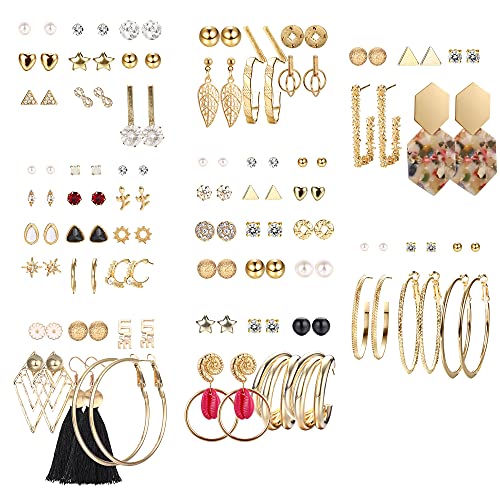 LOYALLOOK 55-58 Pairs Assorted Multiple Stud Earrings for Women Simple Cute Flower Big Hoop Earrings Moon Geometric Leaf Arrow Bow CZ Ball Heart Faux Pearl Earrings Set