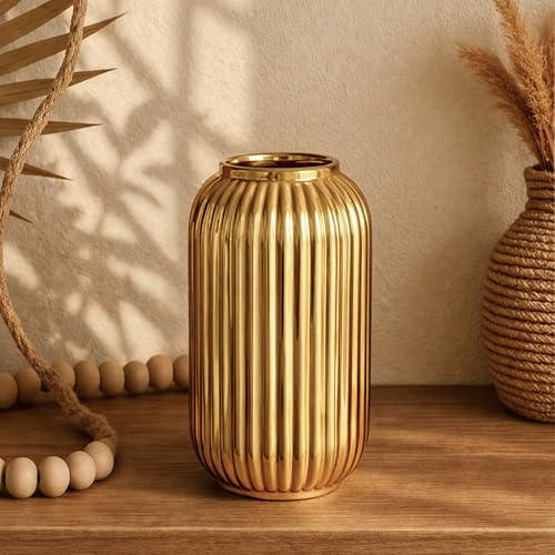 Image of Art Street Modern Ribbed Ceramic Flower Vase | Matte Golden Decorative Boho Vase for Living Room, Bedroom & Office Dcor - (Flower not Included) 5x9 Inch