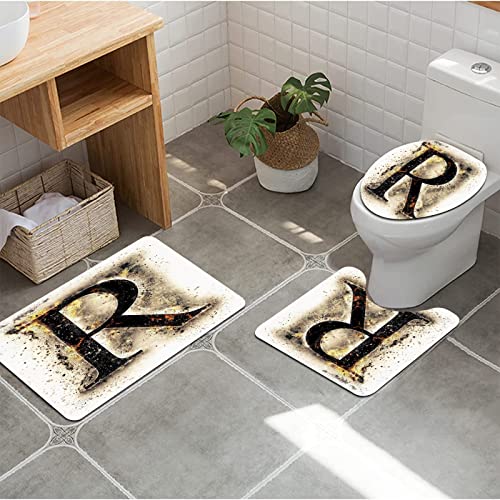 3 teiliges Badematten Set rutschfest U-FöRmige Duschvorleger,Buchstabe R, Großbuchstabe R im Barock-Display, alte Mode… – Bild 5