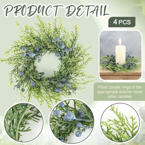 Image of 4 Pcs 3 inch Blueberry Candle Rings Spring Wreaths Mini Berries Table Centerpieces Wreaths Farmhouse Green Small Wreath for Pillars Kitchen Cabinet Front Door Porch Wall Decoration