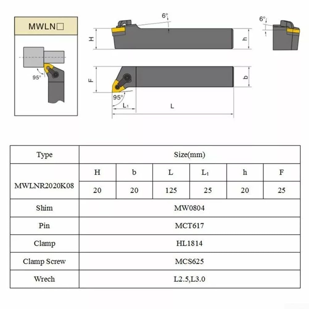 Drehmeißel-Set, 20 mm Drehmeißelhalter MWLNR2020K08 mit 10 WNMG0804 Hartmetall-Einsätzen
