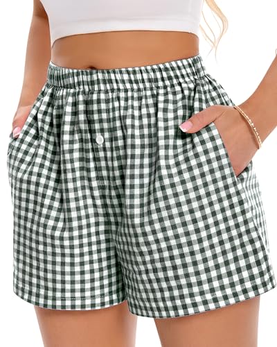 Image of Women Boxer Shorts Summer Gingham Pj Casual Plaid Bottoms with Pocket
